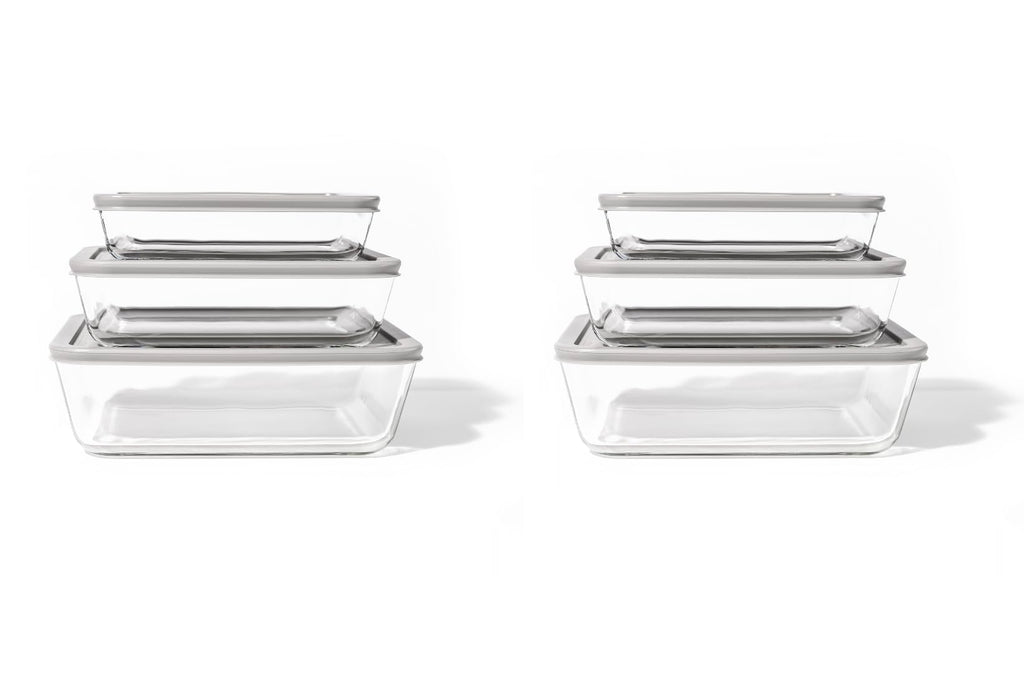 Glass Food Storage Containers - 12 Piece (6 Containers + 6 Lids) Rectangular Nesting Space-Saving Set