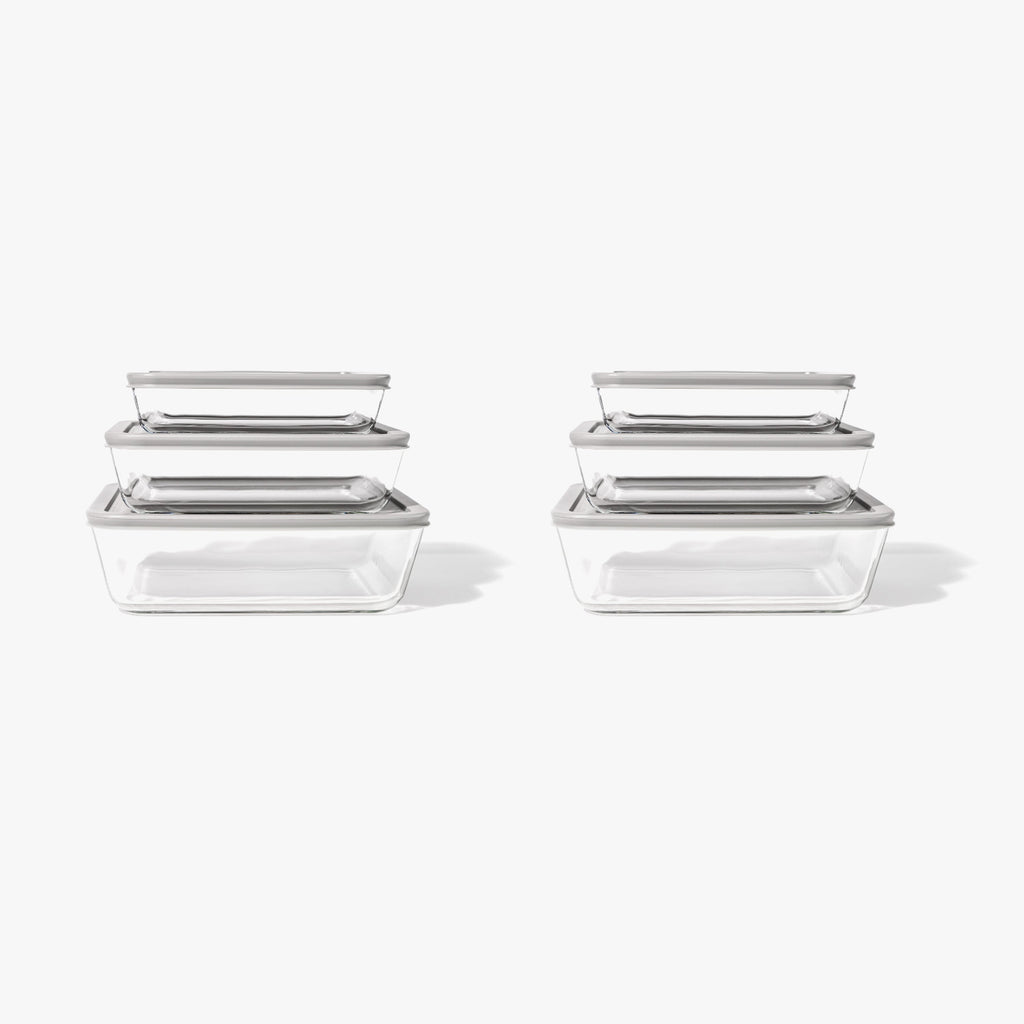 Glass Food Storage Containers - 12 Piece (6 Containers + 6 Lids) Rectangular Nesting Space-Saving Set