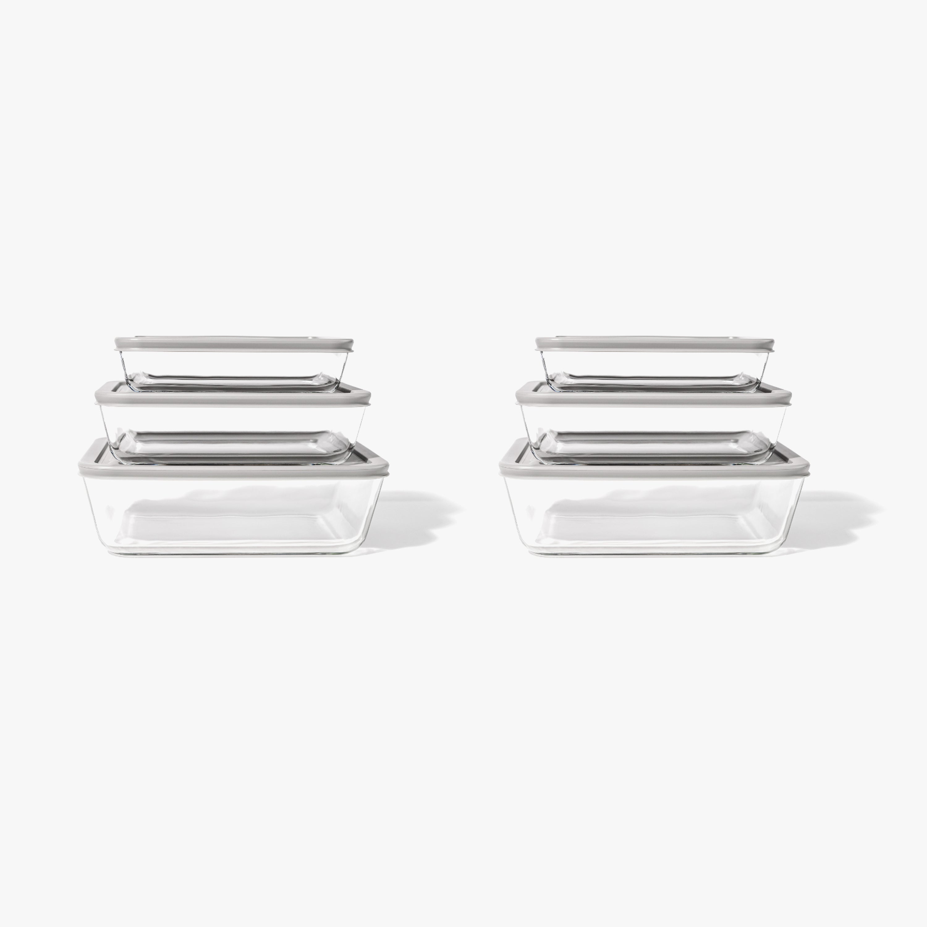 Glass Food Storage Containers - 12 Piece (6 Containers + 6 Lids) Rectangular Nesting Space-Saving Set