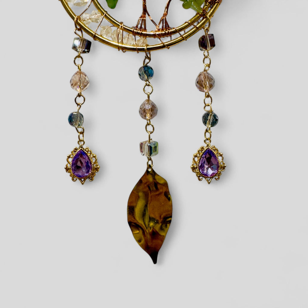 Gold Metal Dual Ring Dreamcatcher with 2 Trees of Life Aventurine Stones & Hanging Jewel Charms  -- Rearview Mirror Hanging or Wall Hanging