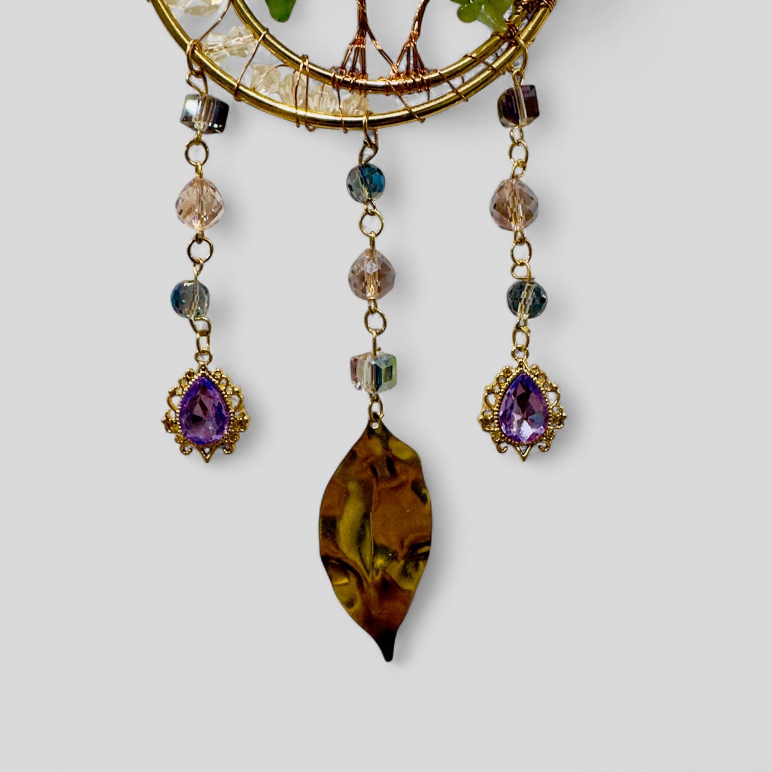 Gold Metal Dual Ring Dreamcatcher with 2 Trees of Life Aventurine Stones & Hanging Jewel Charms  -- Rearview Mirror Hanging or Wall Hanging